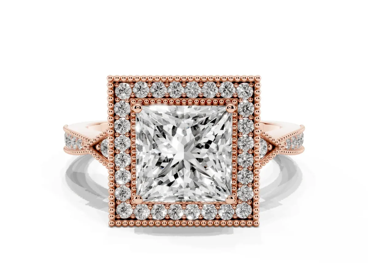 Princess Cut Halo Round Diamond Milgrain Pave Engagement Ring Rose gold