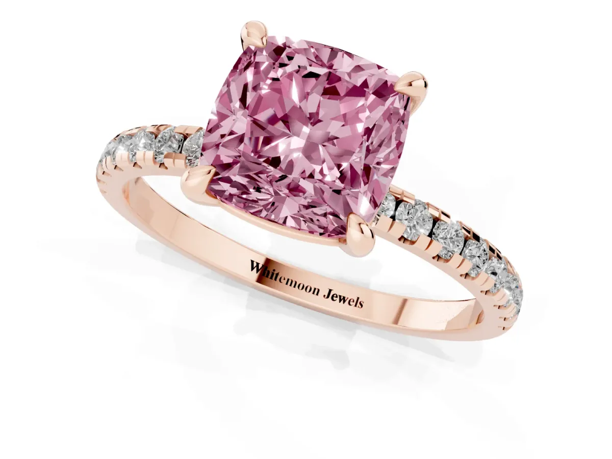 Fancy Pink Cushion Cut Diamond Brilliant Solitaire Ring with Pavé Band and Four-Prong Setting Rose gold