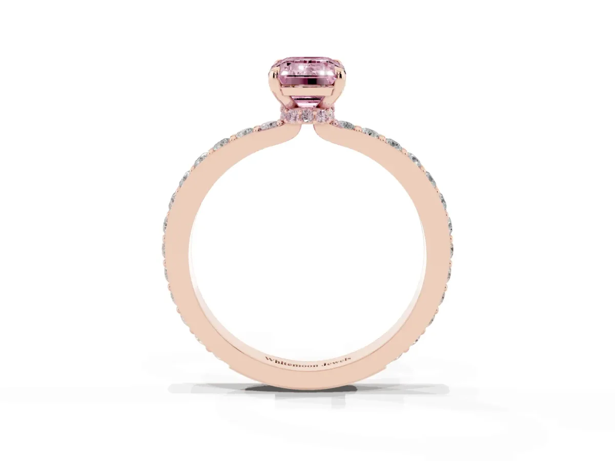 Fancy Pink Emerald Cut Diamond Pavé Engagement Ring with Round Accents and Prong Setting Rose gold