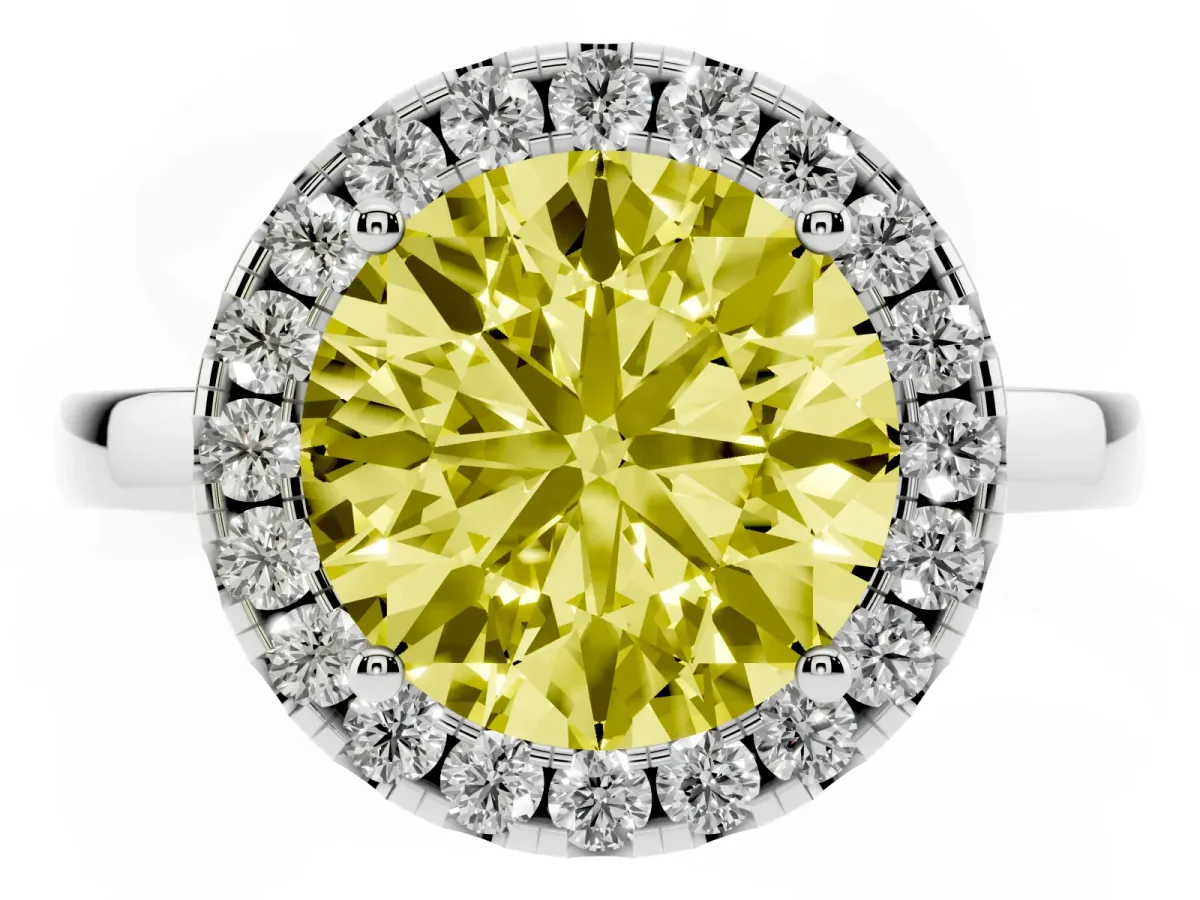 Fancy Yellow Round Cut Halo Diamond Solitaire with Pavé Band and Four-Prong Setting Silver