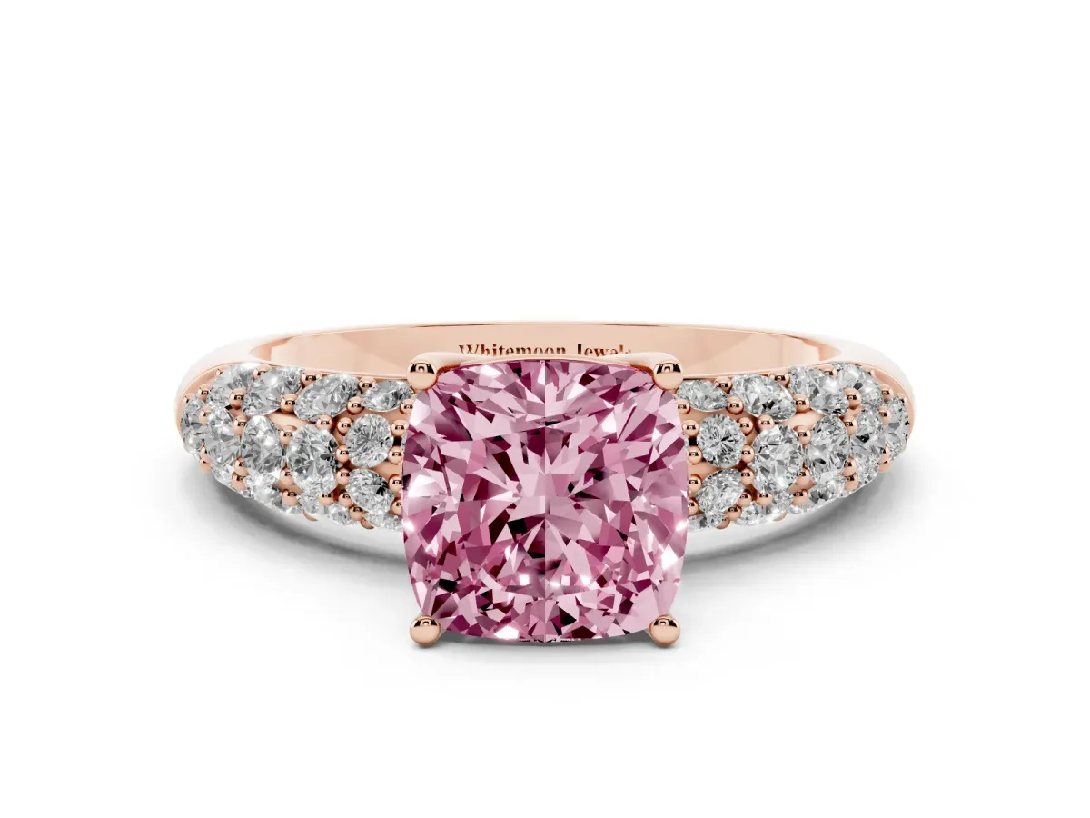 Fancy Pink Cushion Cut Diamond Pavé Band Solitaire Ring with Four-Prong Setting Rose gold
