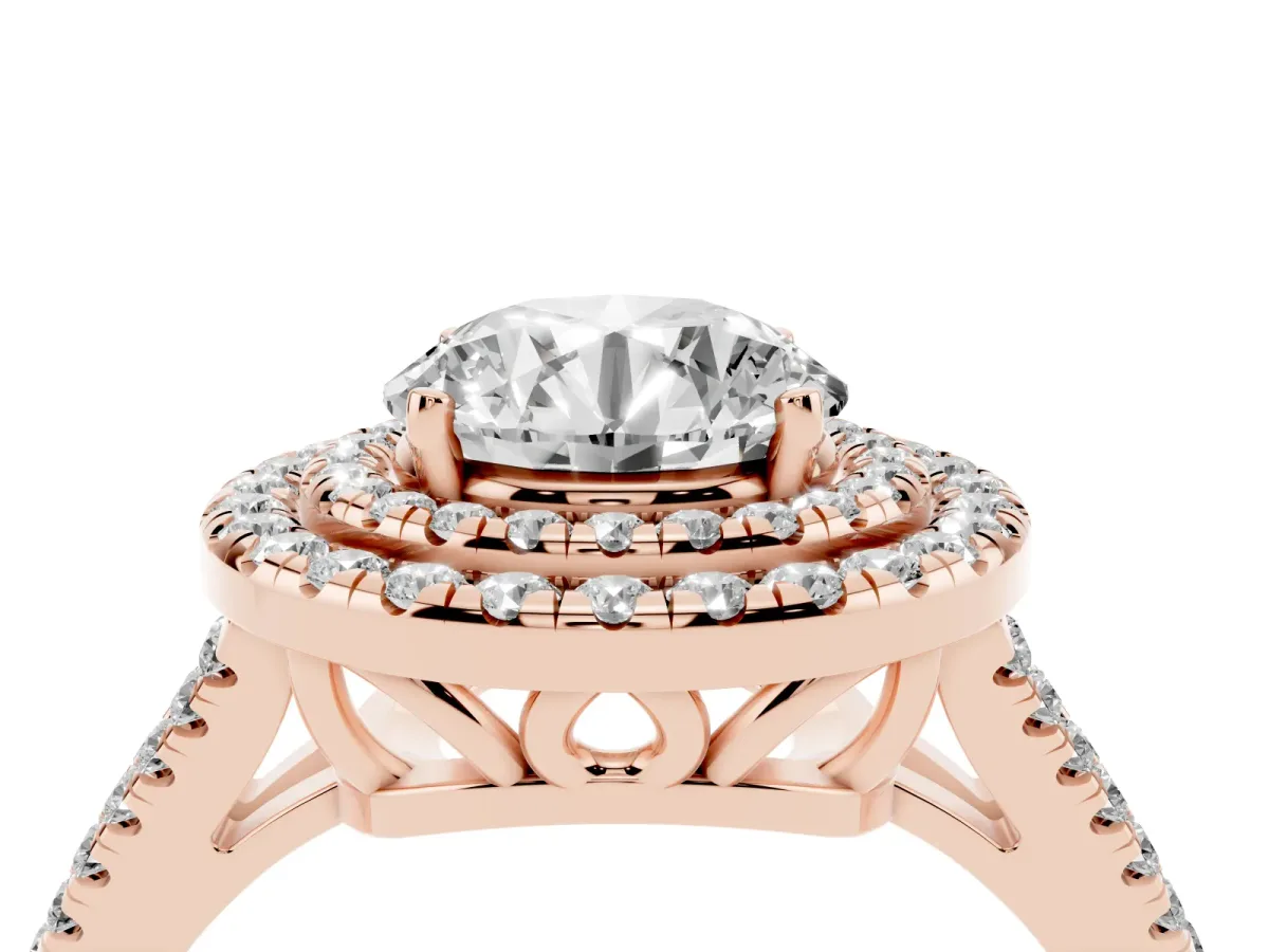 Round Cut Diamond Double Halo Ring with Pavé Band and Prong Setting Rose gold