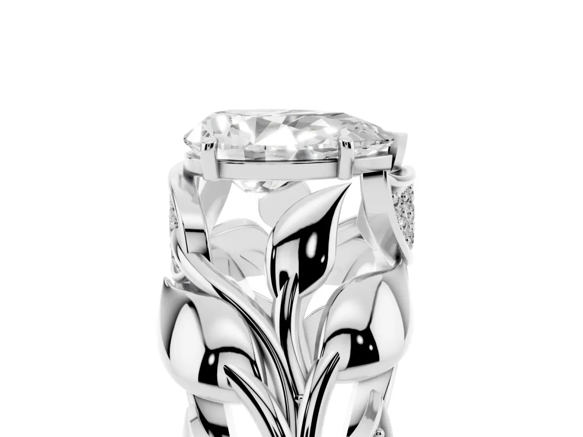Pear Cut Diamond Leaf-Inspired Engagement Ring with Round Accents and Prong Setting Silver