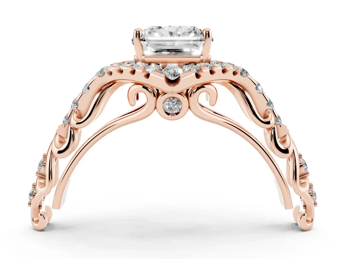 Radiant Cut Diamond Solitaire Ring with Hidden Halo and Pavé Band Rose gold