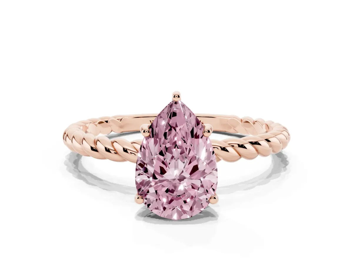 Fancy Pink Pear Cut Solitaire Twist Band Ring with Four-Prong Setting Rose gold