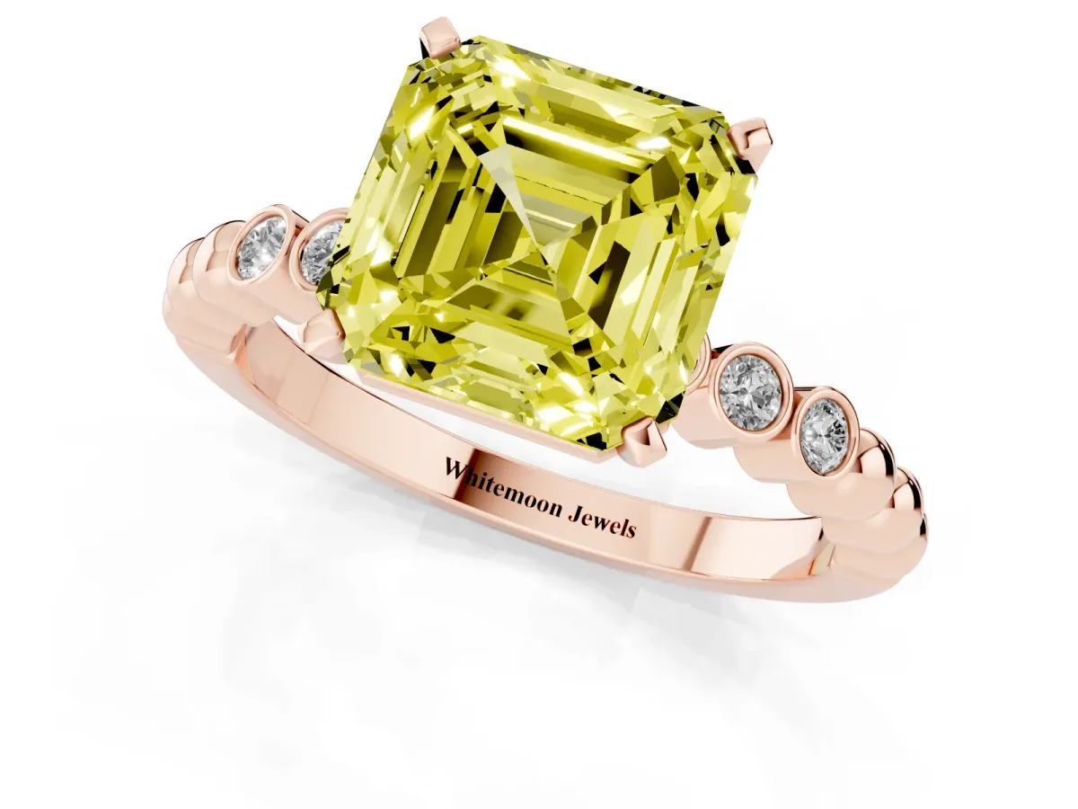 Fancy Yellow Asscher Cut Solitaire Bezel Accent Diamond Engagement Ring with Beaded Band and Four-Prong Setting Rose gold