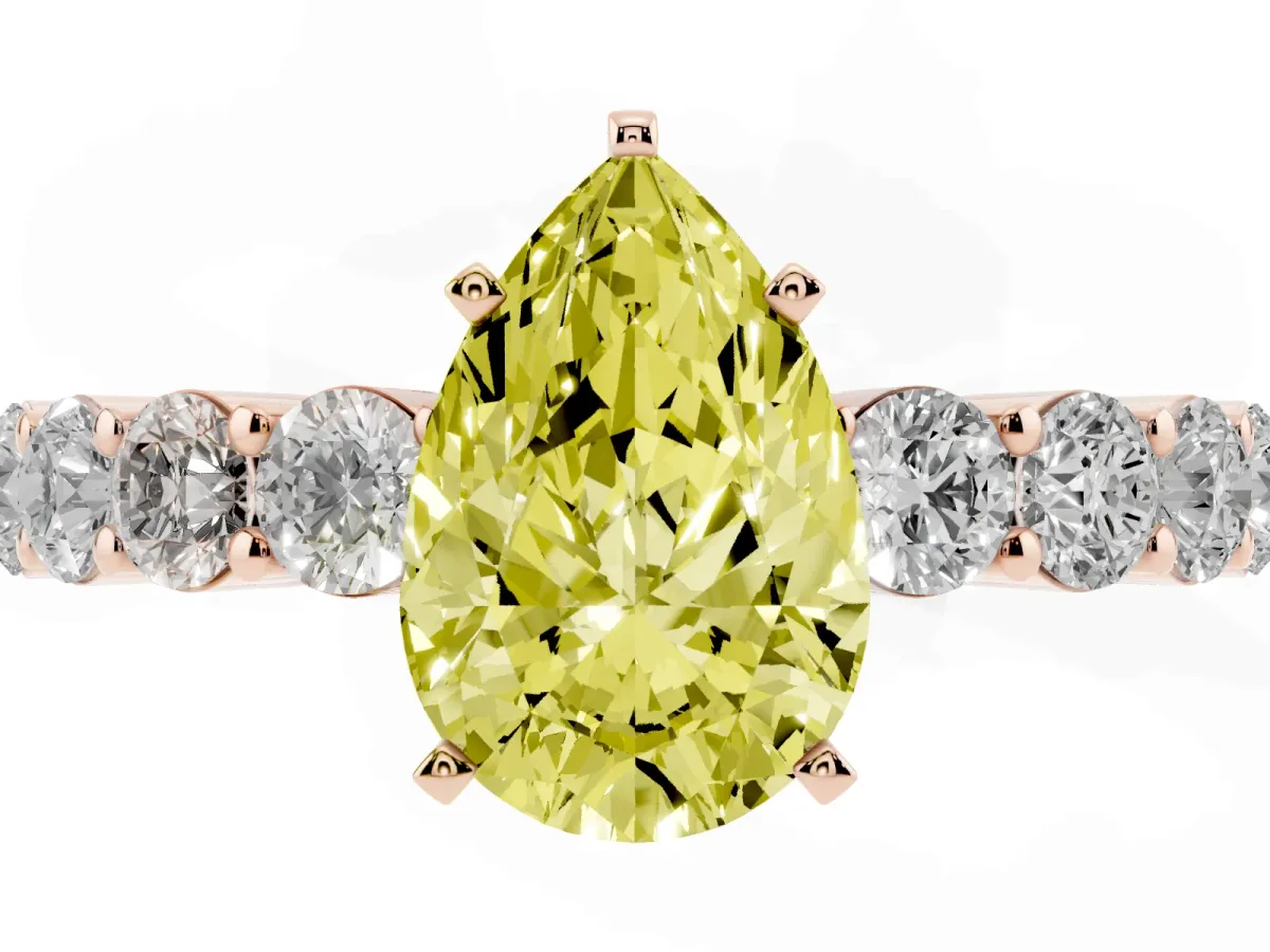 Fancy Yellow Pear Cut Diamond Solitaire Ring with Shared Prong Round Side Stones Rose gold
