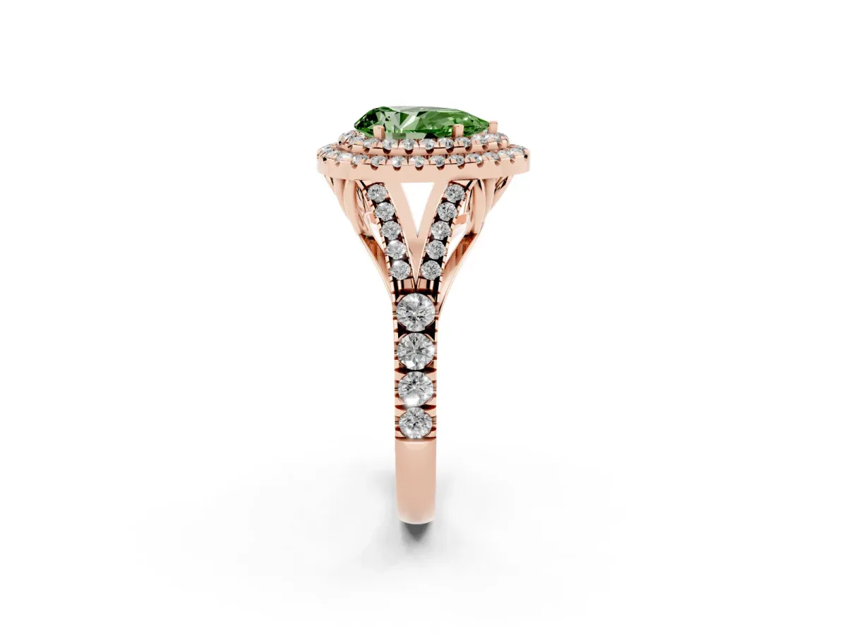 Fancy Green Double Halo Pear Cut Diamond Split Shank Engagement Ring with Four-Prong Setting Rose gold