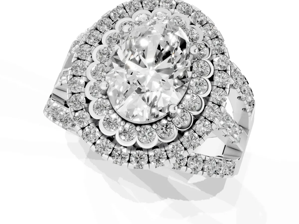 Oval Cut Diamond Double Halo Ring with Round Pavé Split Shank and Prong Setting Silver