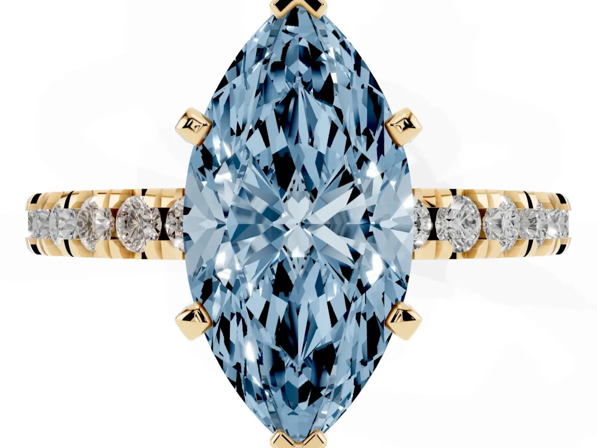 Fancy Blue Marquise Cut Diamond Pavé Band Solitaire with Four-Prong Setting Yellow gold