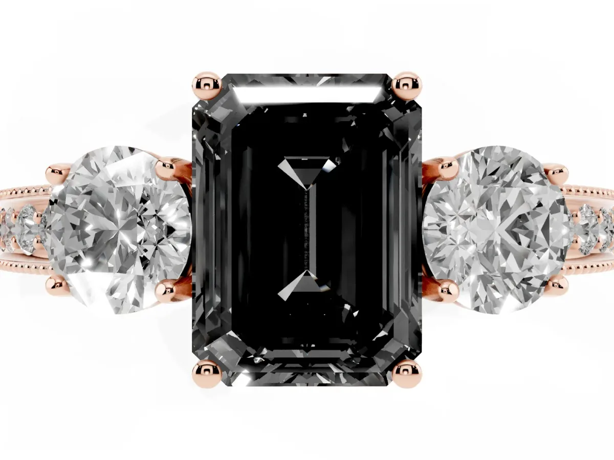 Fancy Black Emerald Cut Three-Stone Diamond Ring with Pavé Band and Four-Prong Setting Rose gold