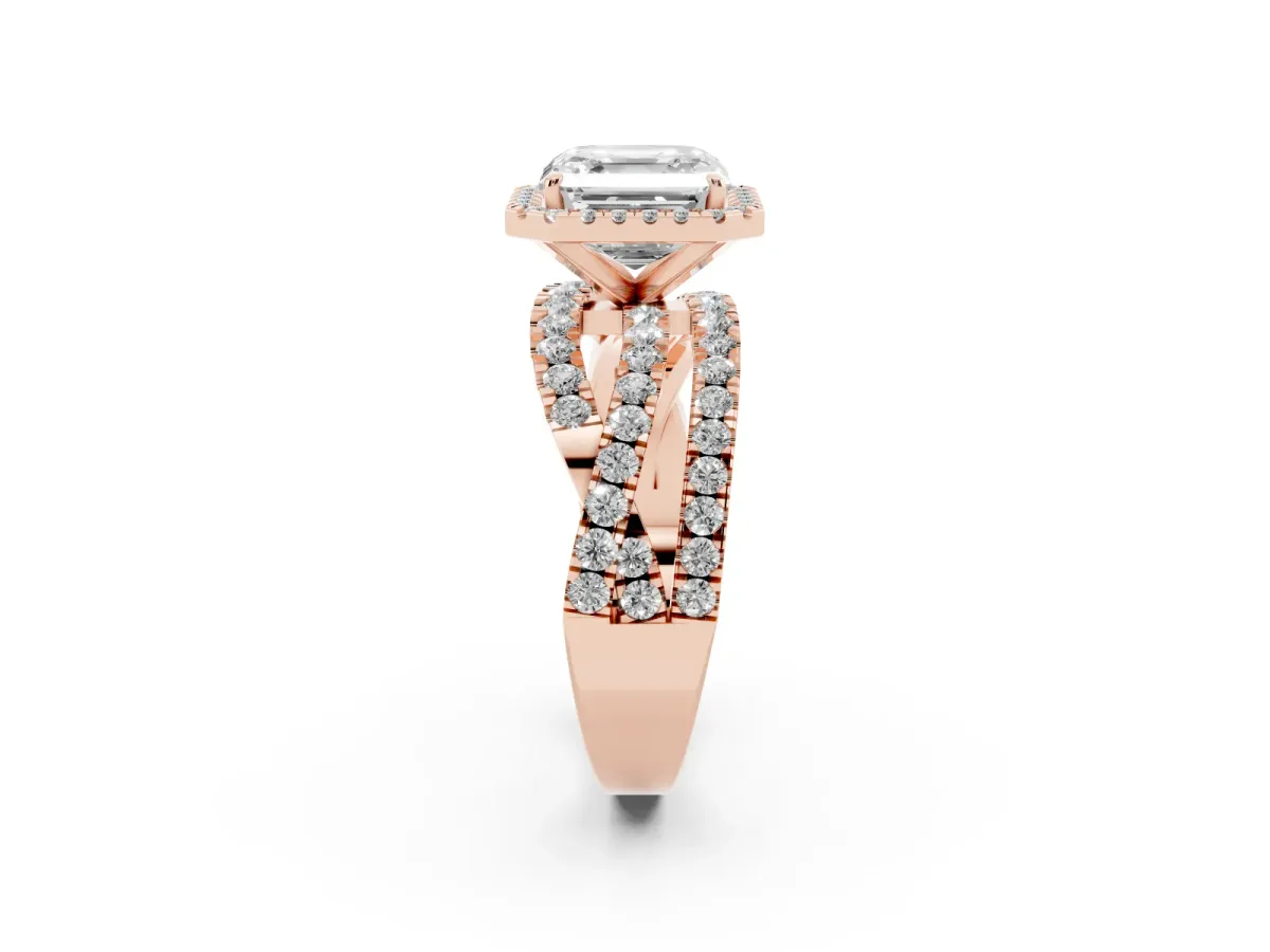 Asscher Cut Diamond Halo Ring with Round Split Shank and Prong Setting Rose gold