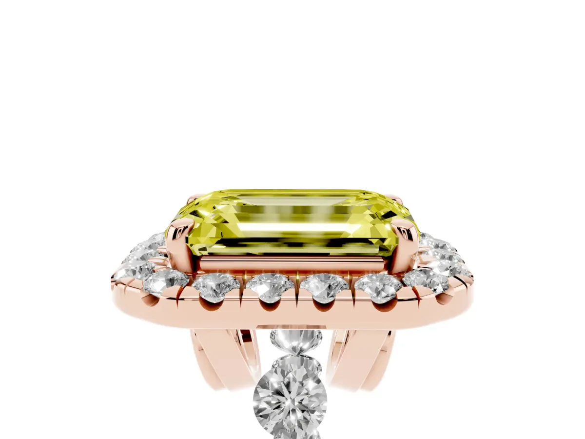 Fancy Yellow Emerald Cut Halo Pavé Diamond Engagement Ring with Four-Prong Setting Rose gold