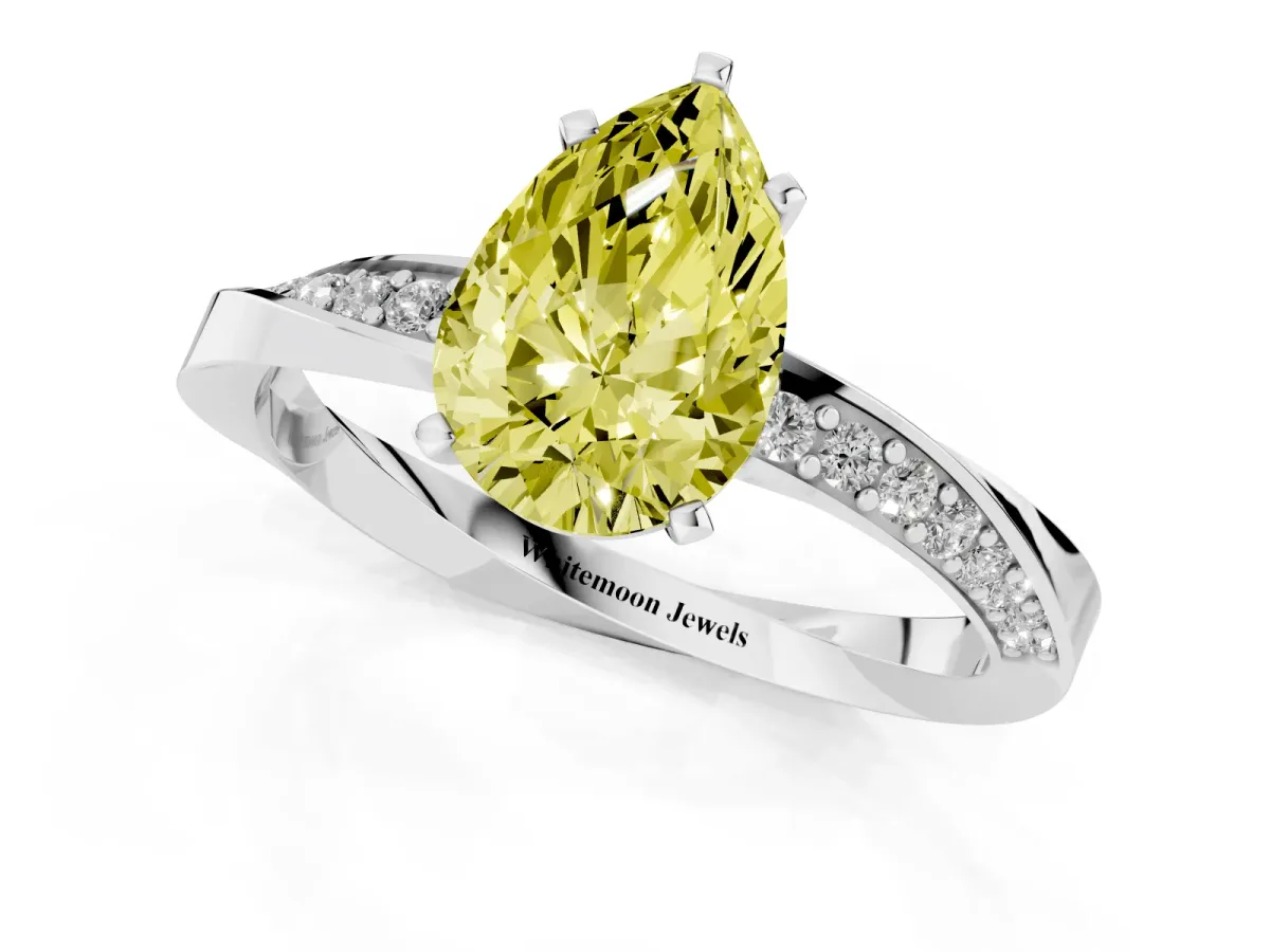 Fancy Yellow Pear Cut Diamond Engagement Ring with Side Stone Accents and Four-Prong Setting Platinum