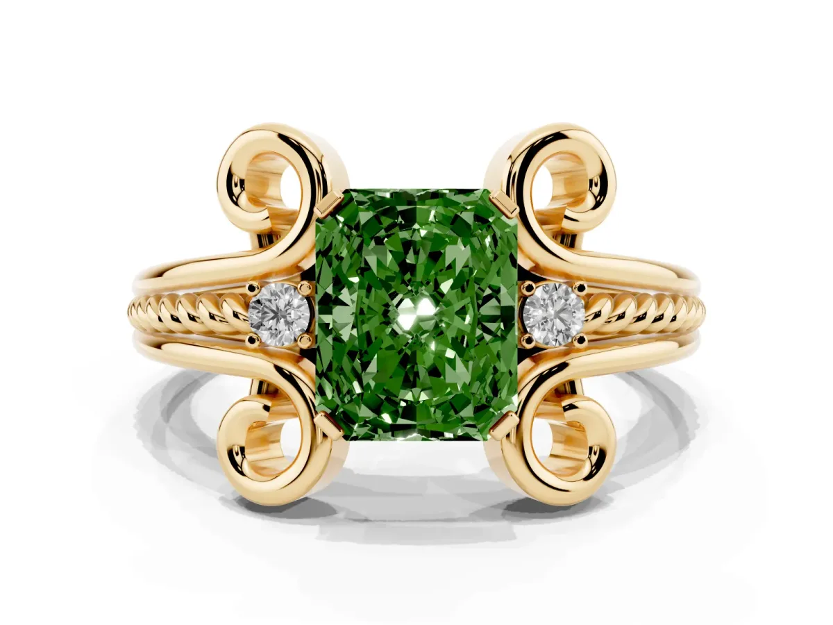 Fancy Green Radiant Cut Solitaire Twisted Band Scroll Prong Ring Yellow gold