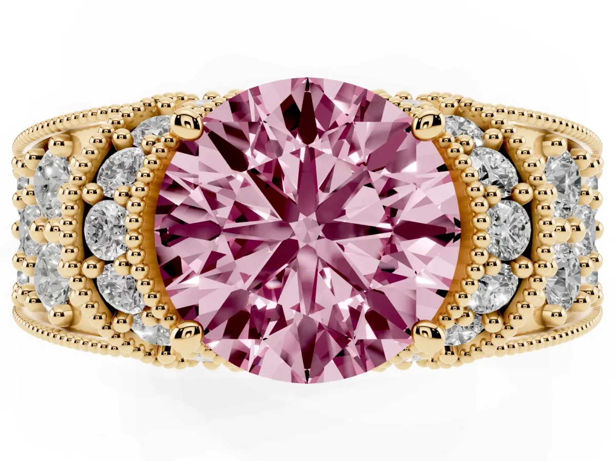 Fancy Pink Round Cut Halo Pave Diamond Engagement Ring with Milgrain Detailing Yellow gold