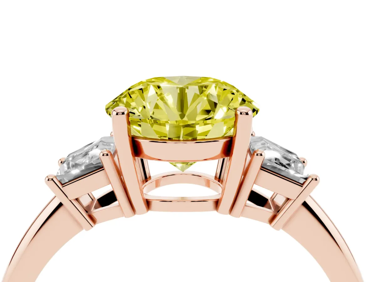 Fancy Yellow Round Cut Diamond Three-Stone Ring with Trapezoid Side Stones and Prong Setting Rose gold