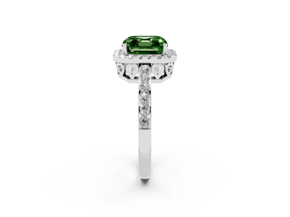 Fancy Green Asscher Cut Halo Diamond Pavé Band Ring with Prong Setting Silver