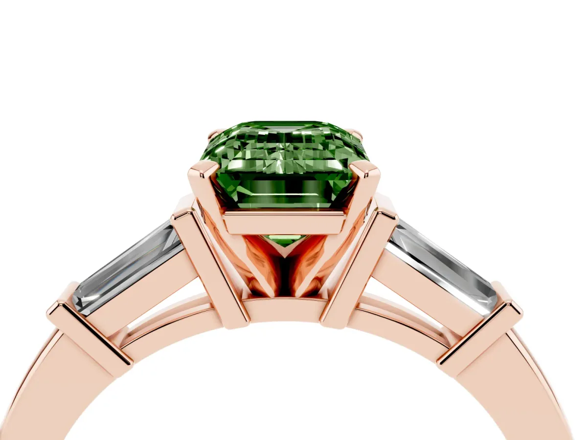 Fancy Green Emerald Cut Cut Diamond Solitaire Ring with Tapered Baguette Accents and Four-Prong Setting Rose gold