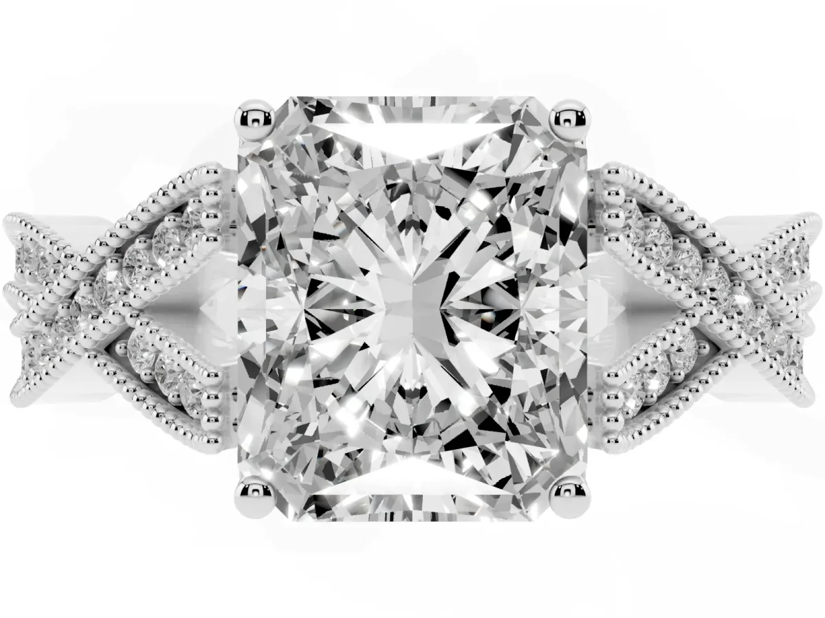 Radiant Cut Cut Diamond Twisted Band with Milgrain Pave Setting and Four-Prong Setting Silver