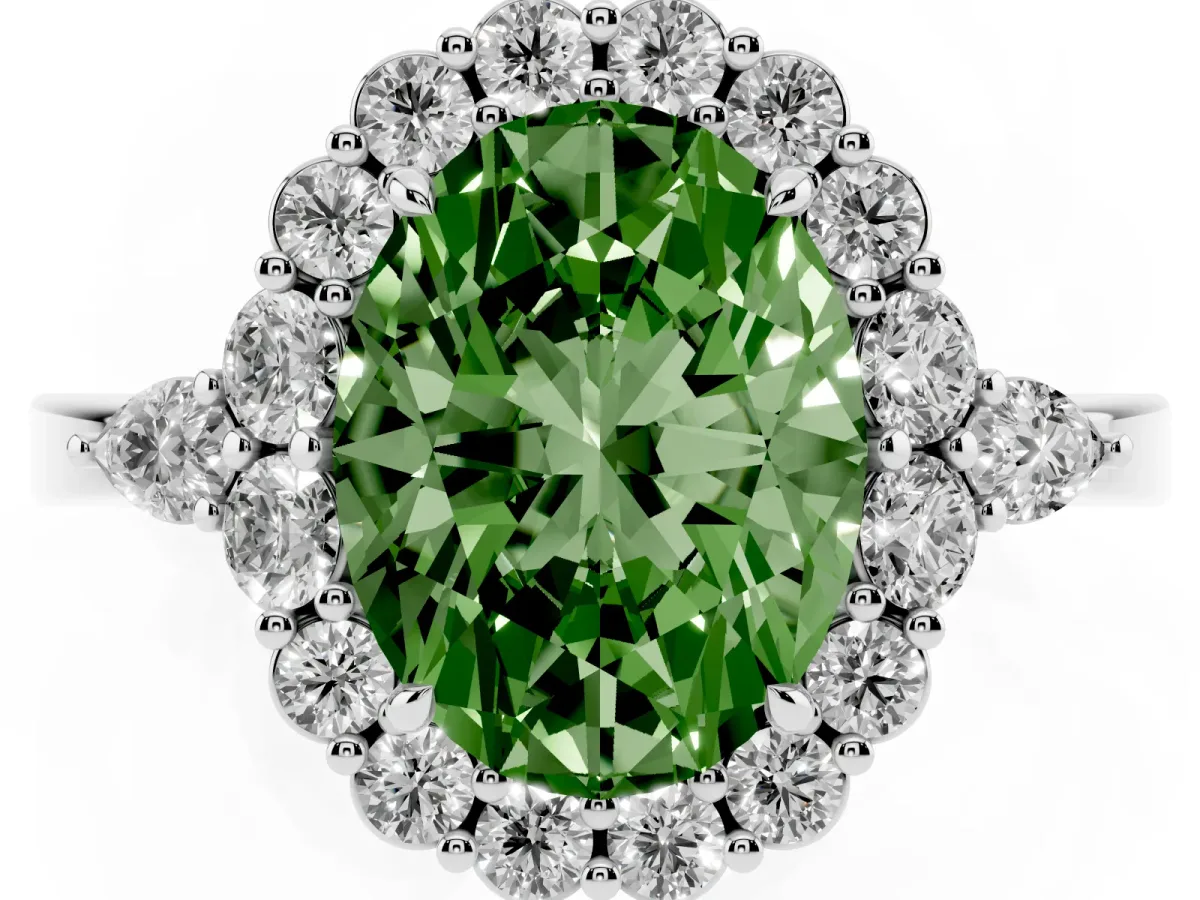 Fancy Green Oval Cut Diamond Halo Ring with Pear Side Stones and Prong Setting Silver