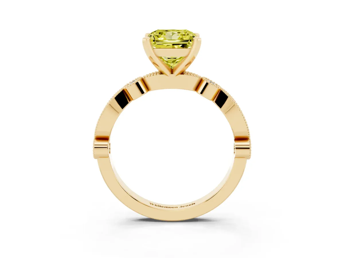 Fancy Yellow Princess Cut Milgrain Bezel Diamond Engagement Ring with Solitaire Prong Setting Yellow gold