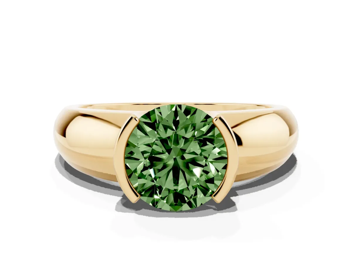 Fancy Green Round Cut Solitaire Tension Set Diamond Ring with Wide Band Yellow gold