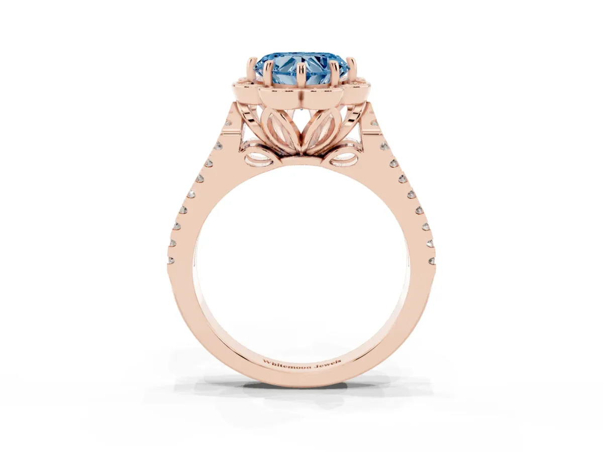 Fancy Blue Heart Cut Halo Diamond Floral Split Shank Engagement Ring Rose gold