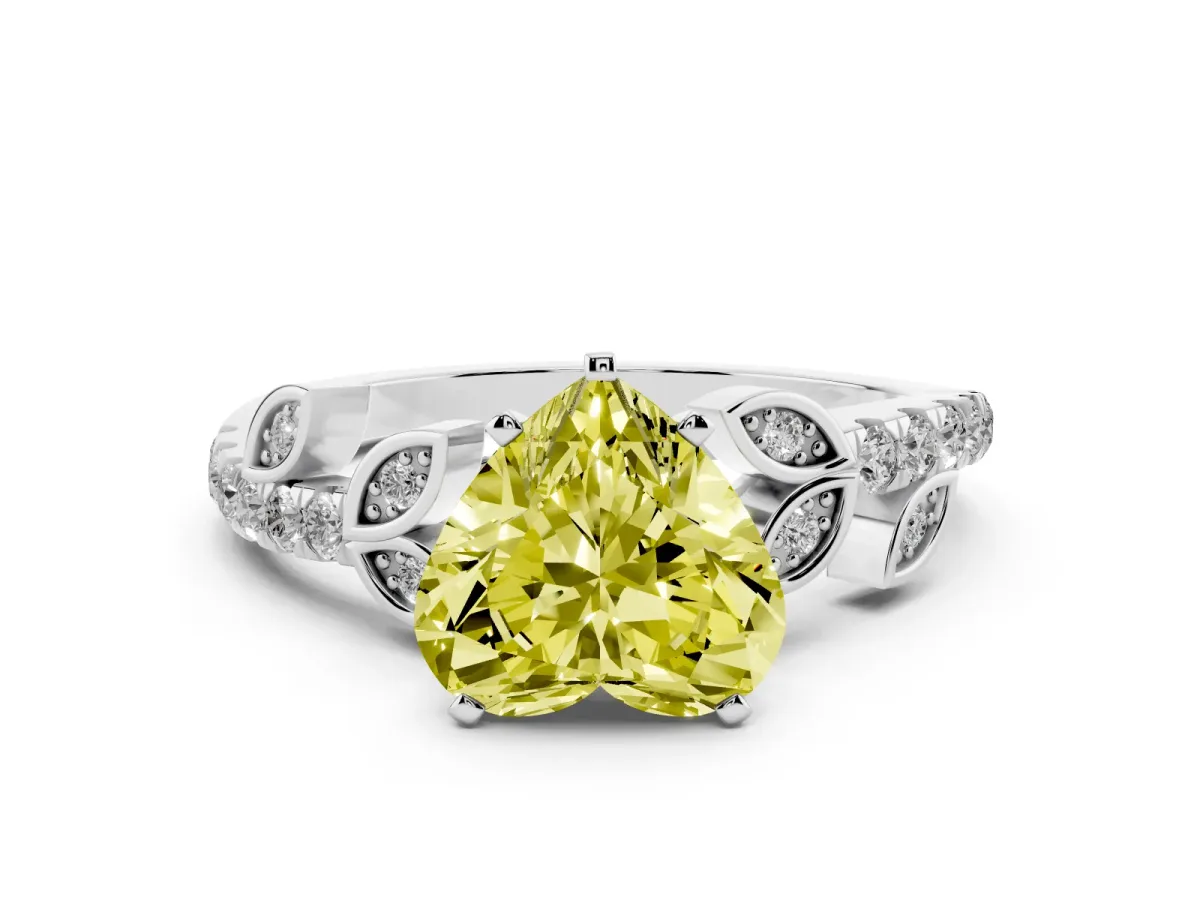 Fancy Yellow Heart Cut Solitaire Leaf-Inspired Diamond Ring with Pavé Band and Four-Prong Setting Platinum
