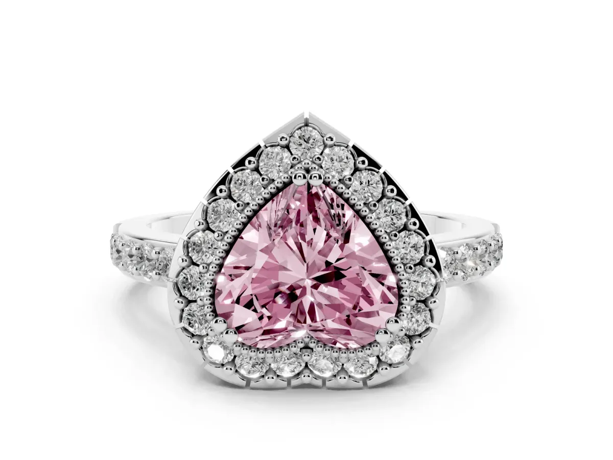Fancy Pink Heart Cut Diamond Halo Ring with Pavé Band and Prong Setting White gold