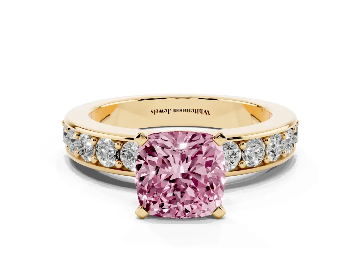 Fancy Pink Cushion Cut Diamond Engagement Ring with Channel Set Round Band and Prong Setting Yellow gold