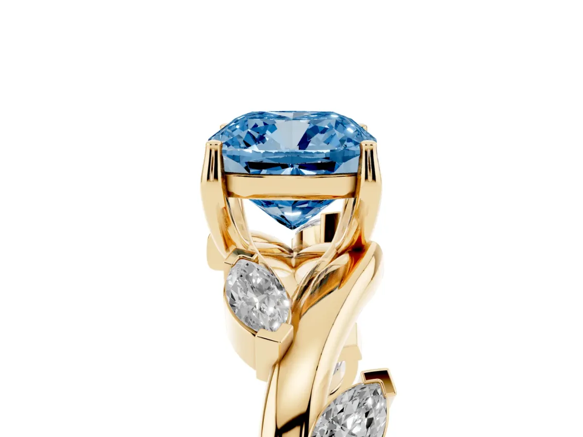 Fancy Blue Cushion Cut Solitaire Twisted Band Marquise Accent Prong Setting Ring Yellow gold