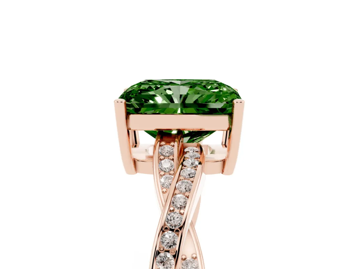 Fancy Green Radiant Cut Solitaire Twisted Pave Diamond Ring with Four-Prong Setting Rose gold