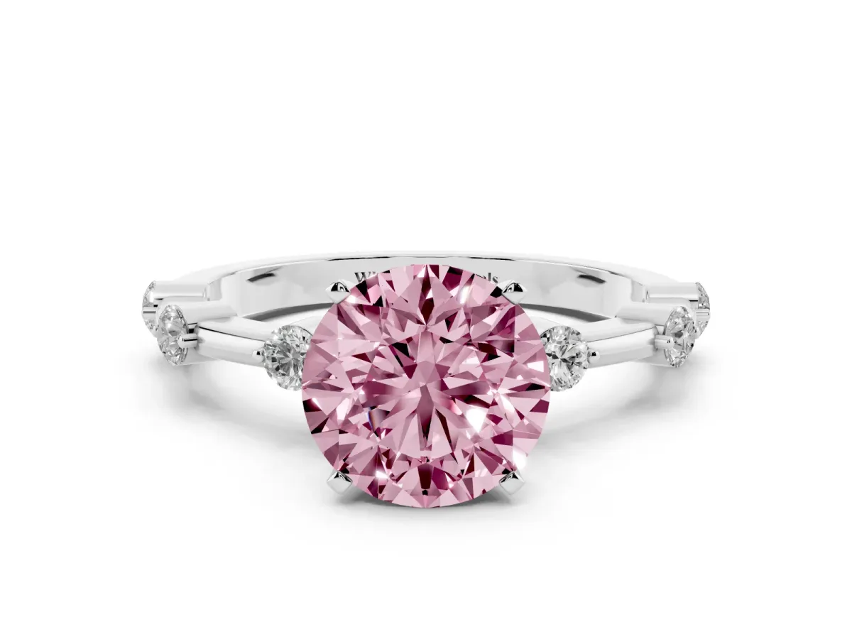 Fancy Pink Round Cut Solitaire Diamond Ring with Bezel Set Side Stones and Prong Setting Silver