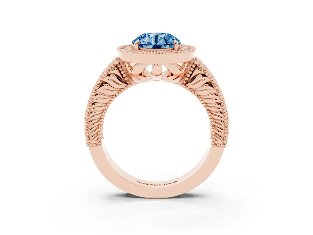 Fancy Blue Round Cut Cut Halo Diamond Ring with Pavé Band and Four-Prong Setting Rose gold