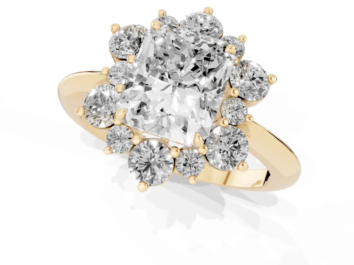 Radiant Cut Diamond Cluster Halo Ring with Solitaire Band and Four-Prong Setting Yellow gold