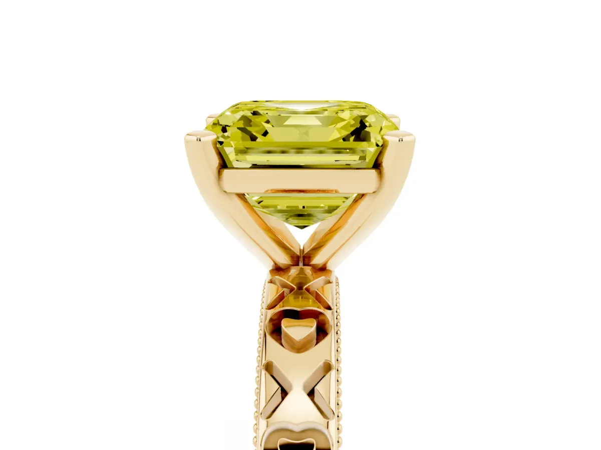 Fancy Yellow Asscher Cut Solitaire Diamond Engagement Ring with XO Engraved Band and Four-Prong Setting Yellow gold