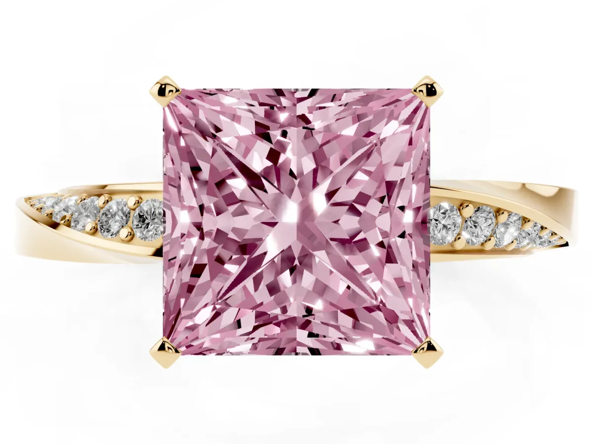 Fancy Pink Princess Cut Diamond Engagement Ring with Side Stone Accents and Four-Prong Setting Yellow gold