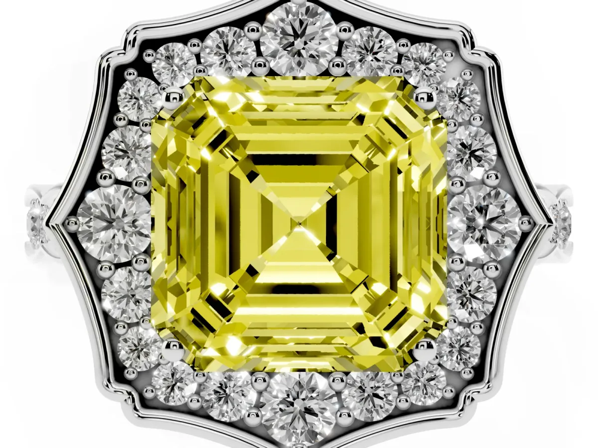 Fancy Yellow Asscher Cut Halo Diamond Engagement Ring with Milgrain Band and Four-Prong Setting Platinum