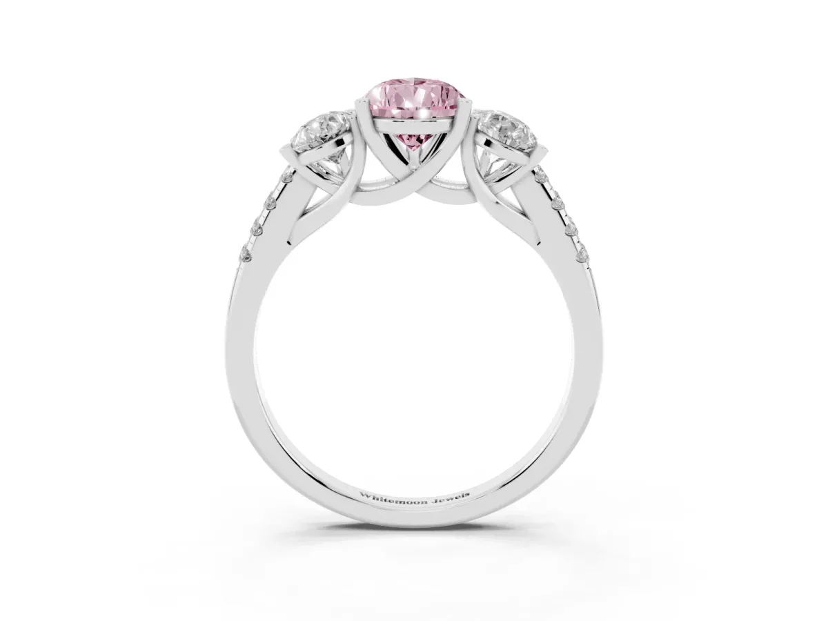 Fancy Pink Three-Stone Pear Cut Diamond Ring with Round Pavé Band and Prong Setting Silver