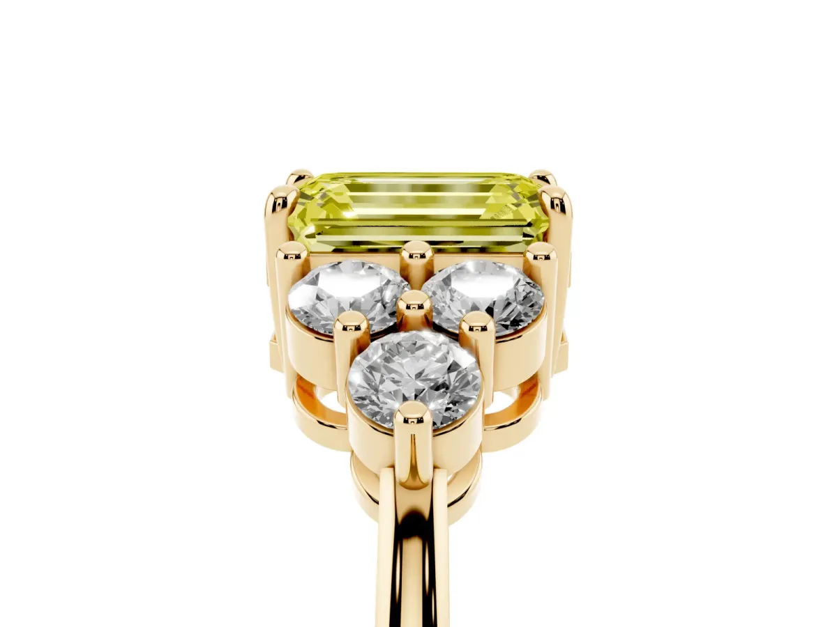 Fancy Yellow Emerald Cut Brilliant Diamond Cluster Accent Solitaire Ring with Prong Setting Yellow gold