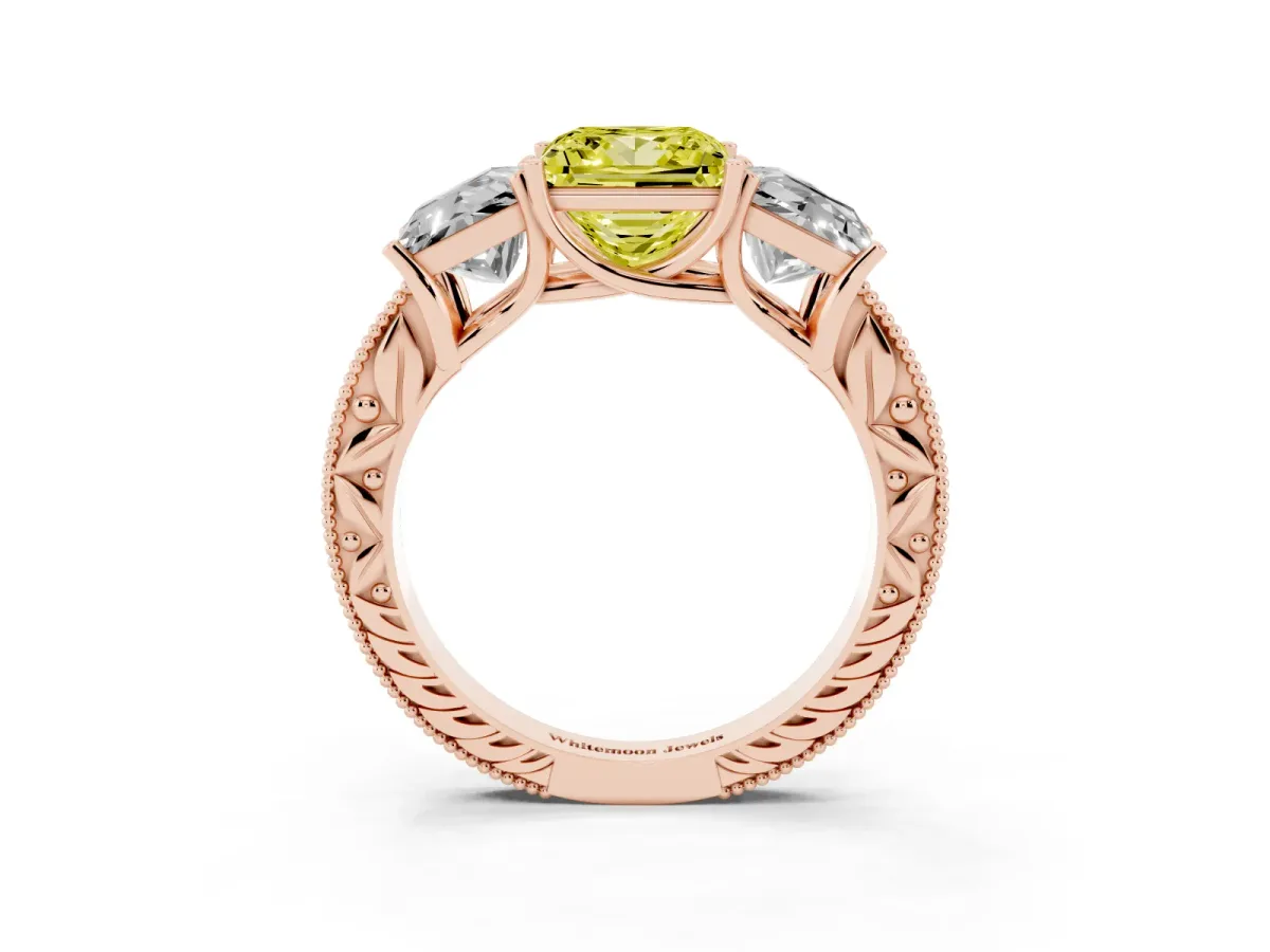 Fancy Yellow Three-Stone Princess Cut Cut Milgrain Pavé Engagement Ring Rose gold