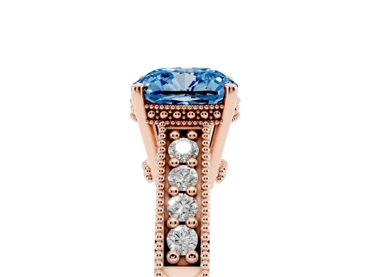 Fancy Blue Cushion Cut Solitaire Pavé Diamond Milgrain Engagement Ring with Four-Prong Setting Rose gold