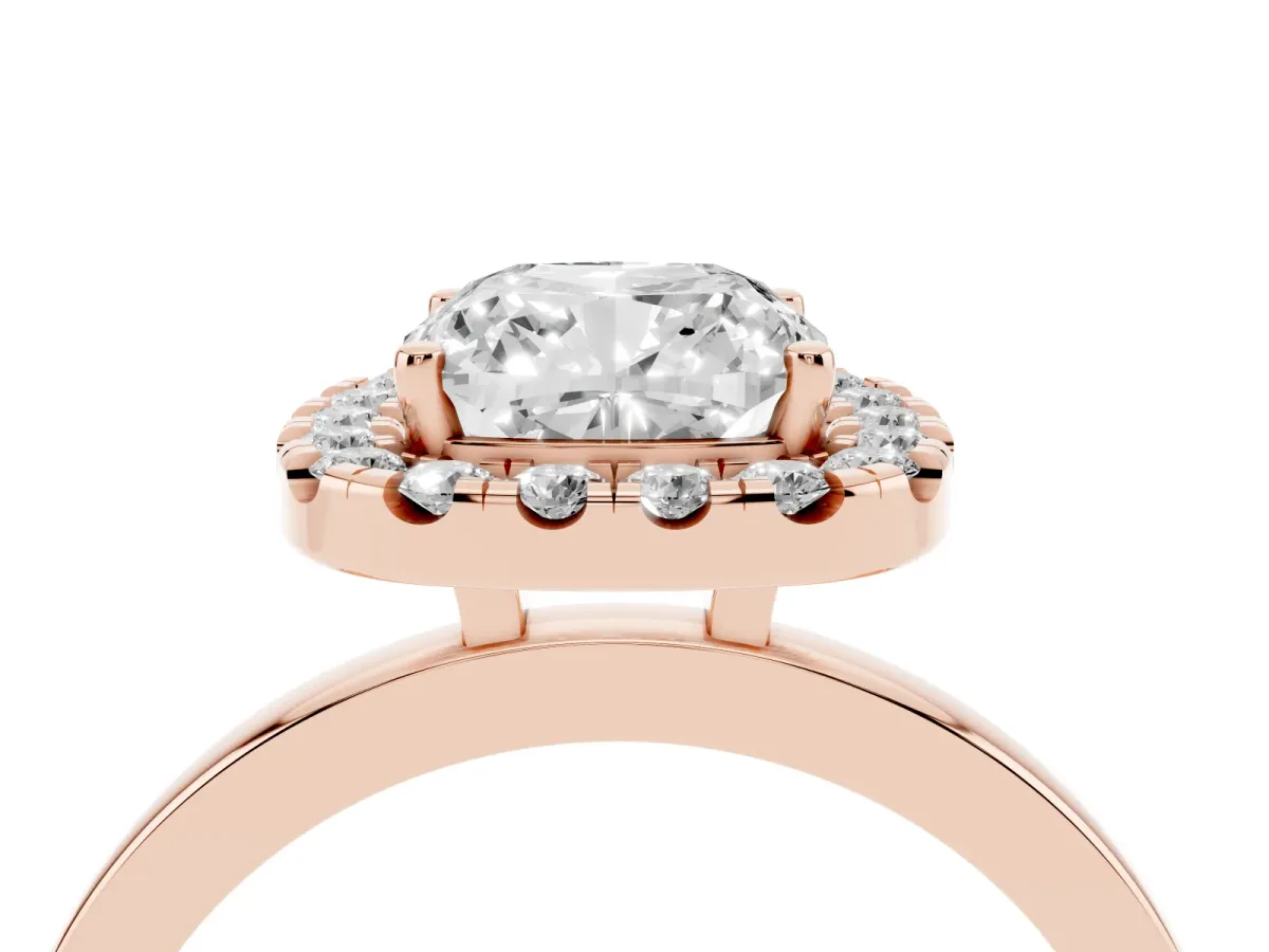 Cushion Cut Halo Diamond Solitaire with Pavé Band and Four-Prong Setting Rose gold