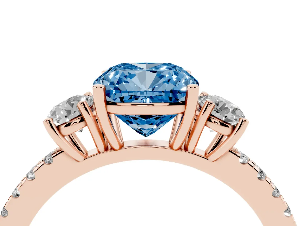 Fancy Blue Three-Stone Cushion Cut Cut Diamond Pavé Band with Prong Setting Rose gold