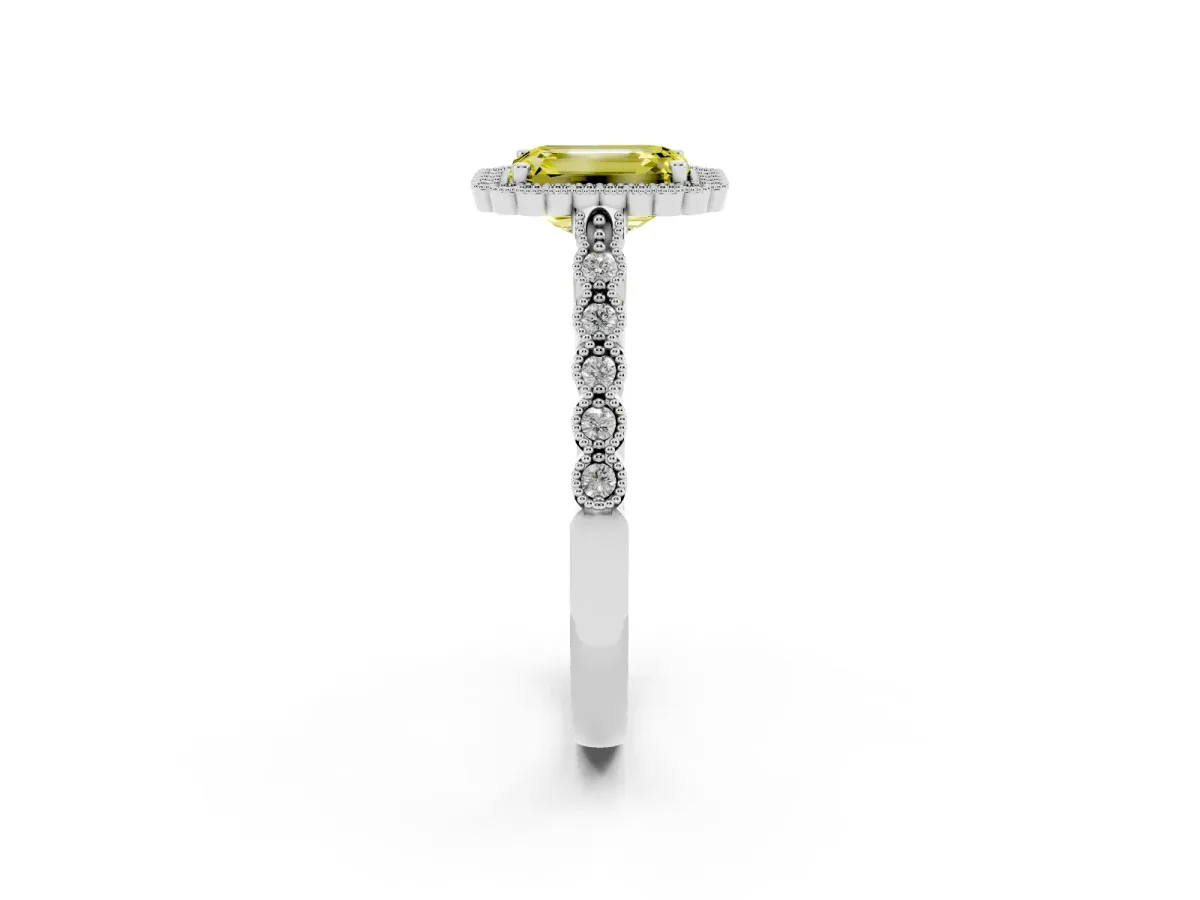 Fancy Yellow Emerald Cut Cut Halo Pavé Solitaire Ring with Milgrain Band Silver