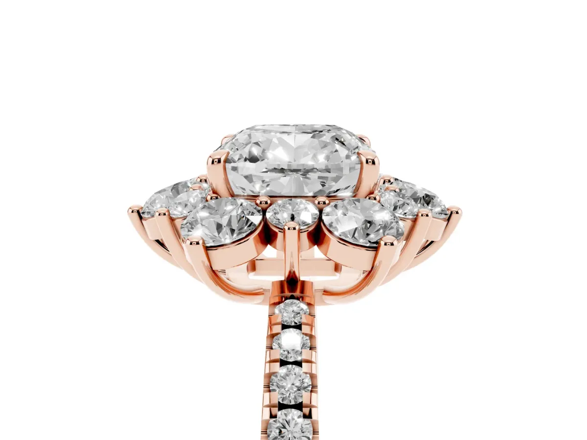 Cushion Cut Diamond Floral Halo Ring with Round Pavé Band and Prong Setting Rose gold