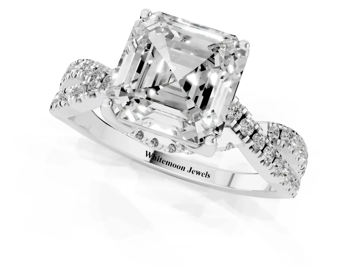 Asscher Cut Solitaire Twist Pave Diamond Engagement Ring with Prong Setting Silver