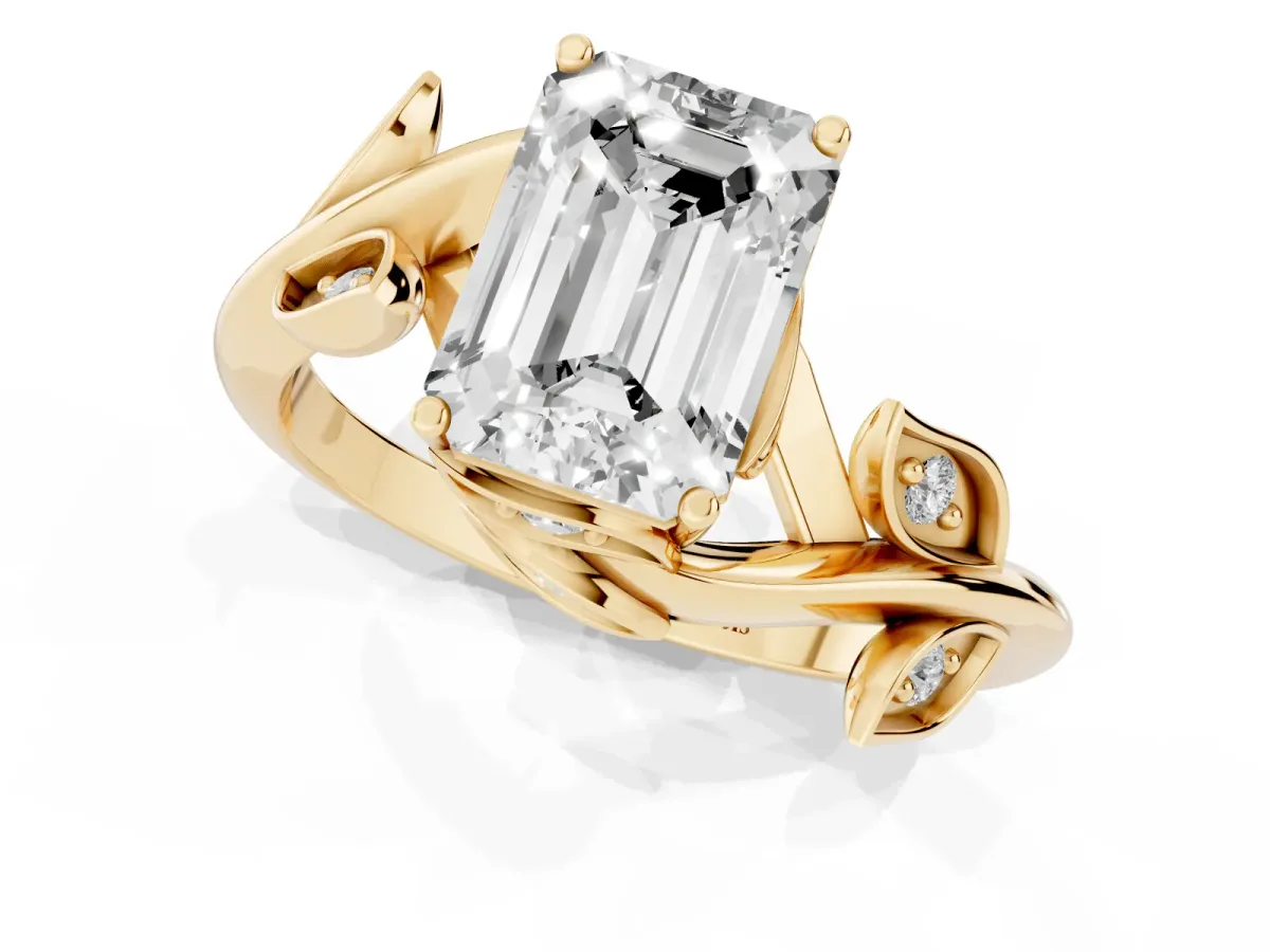 Emerald Cut Solitaire Twist Engagement Ring with Leaf Accents and Prong Setting Yellow gold