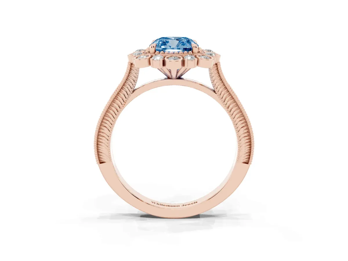 Fancy Blue Cushion Cut Halo Milgrain Pave Diamond Ring with Four-Prong Setting Rose gold